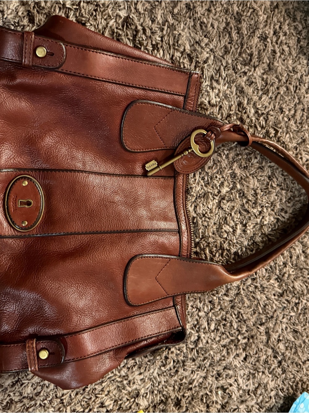 Vintage Fossil Cognac Leather Satchel Bag with Key Charm